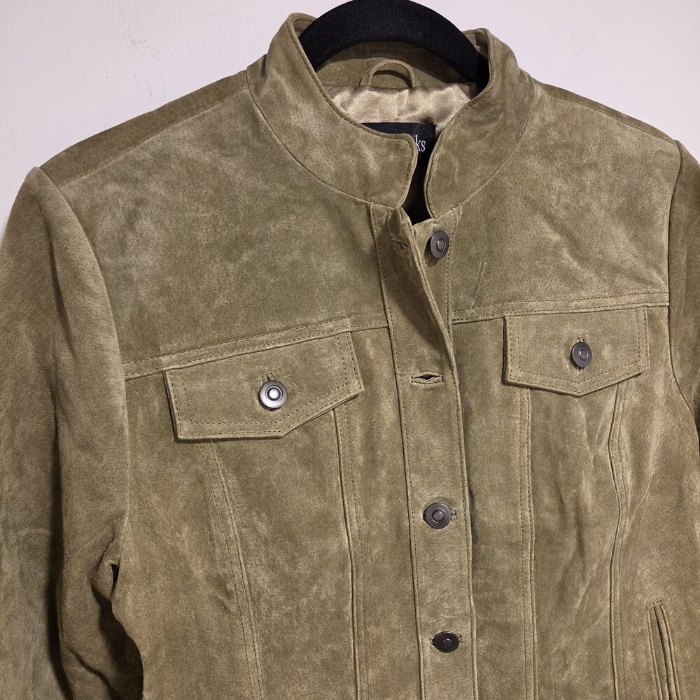 CHADWICKS Suede Leather Jacket 10 Womens Olive Button Up Blazer Classic NEW Y2K - Picture 2 of 12